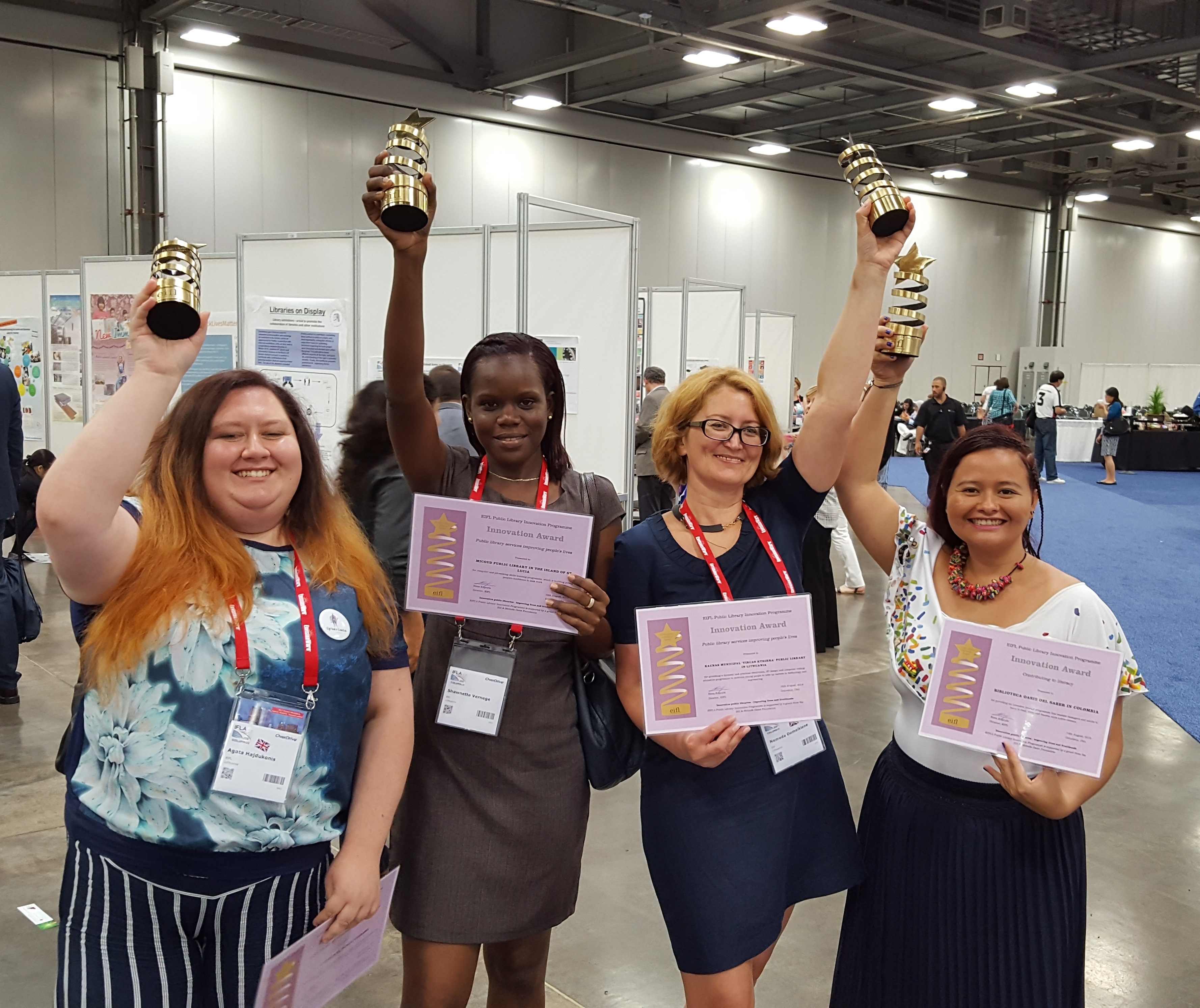 Four EIFL Public Library Innovation Award winners, from Poland, St Lucia, Lithuania and Colombia, received their trophies and certificates during the IFLA World Library and Information Congress 2016 in Columbus, USA.
