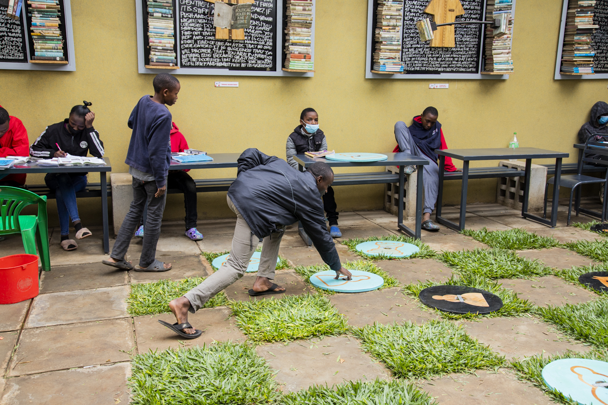 Children come to Eastlands Library to play outdoor chess during the school holidays.