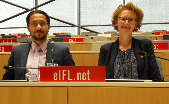 The EIFL delegation at the WIPO General Assemblies 2016 in Geneva: Pratyush Nath Upreti from Nepal, left, with EIFL Copyright and Libraries Programme Manager, Teresa Hackett.