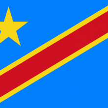 Flag of the DRC = blue background, gold star in top left hand corner and diagonal stripe, yellow borders, red inside, from bottom left corner to top right corner. 