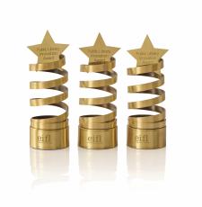 Award branding photo of three shiny brass trophies. The trophy is a metal spiral with a star on top, engraved with the words, EIFL Public Library Innovation Award. 