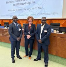 EIFL delegation at SCCR/43, left to right: Prof Anthony Kakooza, Teresa Hackett, Prof Dick Kawooya