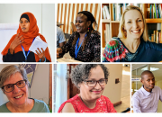 Photo collage, speakers at the webinar, clockwise from top left: Kaltuma Sama (Kenya), Caroline  Ngacaku (Kenya), Ugne Lipeikaite (EIFL, Moderator), Yusuf Ganyana (Kenya), Aletta Dunn (Namibia) and Susan Schnuer (EIFL).