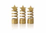 Award branding photo of three shiny brass trophies. The trophy is a metal spiral with a star on top, engraved with the words, EIFL Public Library Innovation Award. 