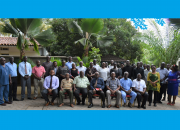 Participants, facilitators and Vice-Chancellors of Lukenya University (3rd from left, front row) and Pwani University (4th from left, front row) who attended a regional open access workshop organized by KLISC for institutions in Coastal Kenya. The workshop was hosted by Pwani University. 