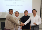 MERAL Portal signing ceremony: from left, Dr Nay Win Oo, Deputy Director General, Department of Higher Education, Dr Zaw Wai Soe, Chair,  Myanmar Rectors' Committee, Rima Kupryte, EIFL, Dr Kazutsuna Yamaji, of the National Institute of Informatics, Japan.