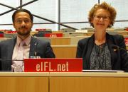 in photo Pratyush Nath Upreti from Nepal, left, with EIFL Copyright and Libraries Programme Manager, Teresa Hackett.