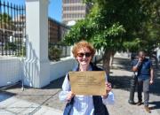 Teresa Hackett - EIFL Copyright and Libraries Programme Manager - with the submission outside the Houses of Parliament in Cape Town.