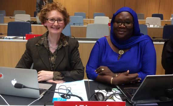 Teresa Hackett sitting next to Awe Cisse in the WIPO meeting hall. 