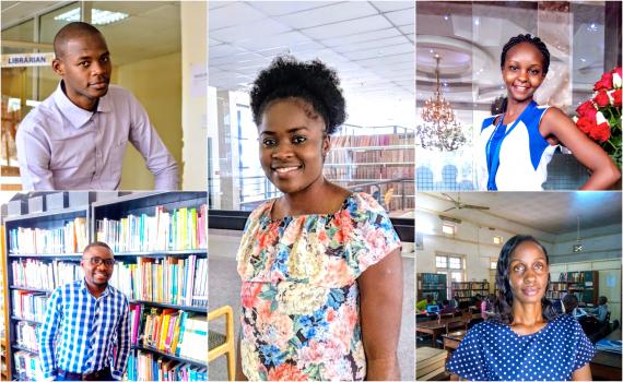 The five young library innovators, from top left - Yusuf Ganyana, Kenya; centre panel,  Letta Shivute, Namibia; Sarah Nyaboke Ogembo, Kenya. Bottom row, from left, Dominic Bwalya Chitondo, Zambia, and  Daisy Ashabahebwa, Uganda.