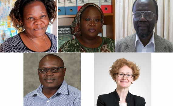 EIFL at the event: top from left, EIFL copyright librarians, Katherine Matsika, Awa Diouf Cisse, Japhet Otike; bottom, Dick Kawooya, Associate Professor, College of Information and Communications, Uni. of South Carolina, EIFL-IP Manager, Teresa Hackett.