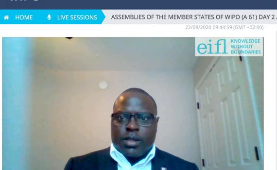 Dick Kawooya, School of Information Science, University of South Carolina, delivers the General Statement on behalf of EIFL at the 2020 WIPO Assemblies. The statement was pre-recorded due to COVID-19 travel restrictions. Dick Kawooya, School of Information Science, University of South Carolina, delivers the General Statement on behalf of EIFL at the 2020 WIPO Assemblies. The statement was pre-recorded due to COVID-19 travel restrictions.