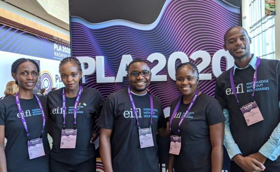 The five young library innovators, from left - Daisy Ashabahebwa (Uganda), Sarah Nyaboke Ogembo (Kenya), Dominic Bwalya Chitondo (Zambia), Letta Shivute (Namibia) and Yusuf Ganyana (Kenya). The five young library innovators, from left - Daisy Ashabahebwa (Uganda), Sarah Nyaboke Ogembo (Kenya), Dominic Bwalya Chitondo (Zambia), Letta Shivute (Namibia) and Yusuf Ganyana (Kenya).