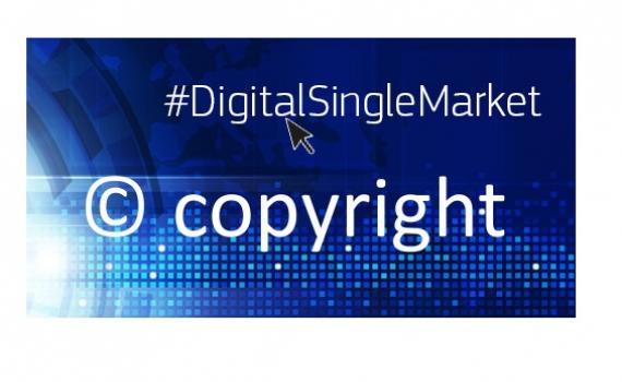 EU copyright reform logo, blue backgroud and white text that sayshashtag digital single market, and copyright with the C copyright symbol.