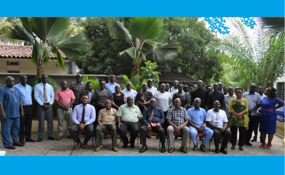 Participants, facilitators and Vice-Chancellors of Lukenya University (3rd from left, front row) and Pwani University (4th from left, front row) who attended a regional open access workshop organized by KLISC for institutions in Coastal Kenya. The workshop was hosted by Pwani University. 