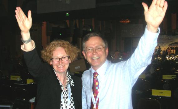Happy photo of EIFL's Teresa Hackett and Bookshare's Jim Fruchtermann mark adoption of the treaty in Marrakesh, each with an arm raised in celebration. Happy photo of EIFL's Teresa Hackett and Bookshare's Jim Fruchtermann mark adoption of the treaty in Marrakesh, each with an arm raised in celebration.