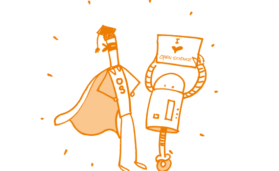 Logo - line-drawing of an academic with robot holding a banner saying 'I love Open Science'